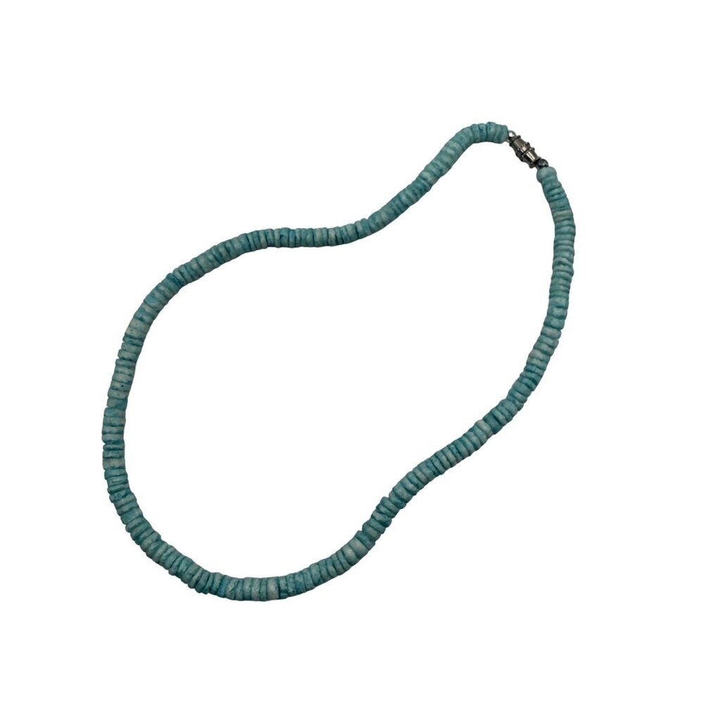 Blue Heishi Bead Necklace With Silver Tone Barrell Clasp 18 Inches